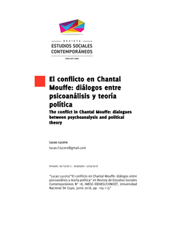 El Conflicto En Chantal Mouffe: Diálogos Entre Psicoanálisis Y Teoría Política the Conflict in Chantal Mouffe: Dialogues Between Psychoanalysis and Political Theory