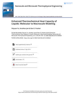 Enhanced Thermochemical Heat Capacity of Liquids: Molecular to Macroscale Modeling
