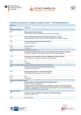 Conference Programme, Tuesday, October 20, 2015 – Lert Wanalai Ballroom