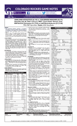 Colorado Rockies Game Notes