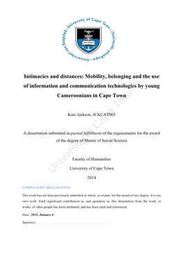 Mobility, Belonging and the Use of Information and Communication Technologies by Young Cameroonians in Cape Town