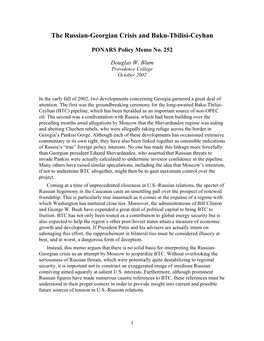 The Russian-Georgian Crisis and Baku-Tbilisi-Ceyhan