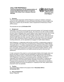 CALL for PROPOSALS Technical Assistance for the Implementation of Community-Based Interventions to Improve Health of the Urban Poor in Quezon City and Navotas