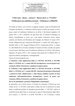 TAR Lazio – Roma – Sezione I – Ricorso R.G. N. 7714/2017 Notificazione Per Pubblici Proclami – Ordinanza N