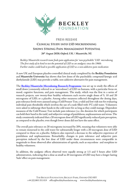 PRESS RELEASE Clinical Study Into LSD Microdosing Shows Strong Pain Management Potential 26Th August 2020, Oxford, UK / Maastricht, NL