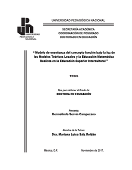 Modelo De Enseñanza Del Concepto Función Bajo La Luz De Los Modelos Teóricos Locales Y La Educación Matemática Realista En La Educación Superior Intercultural ”