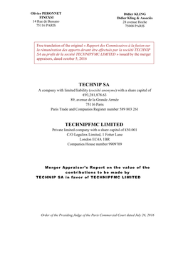 TECHNIP SA Au Profit De La Société TECHNIPFMC LIMITED » Issued by the Merger Appraisers, Dated October 5, 2016