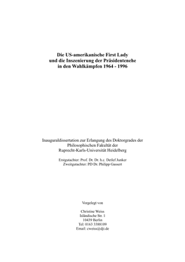 Die US-Amerikanische First Lady Und Die Inszenierung Der Präsidentenehe in Den Wahlkämpfen 1964 - 1996