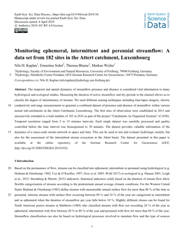 Monitoring Ephemeral, Intermittent and Perennial Streamflow: a Data Set from 182 Sites in the Attert Catchment, Luxembourg Nils H