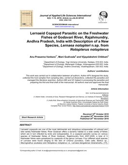 Lernaeid Copepod Parasitic on the Freshwater Fishes of Godavari River, Rajahmundry, Andhra Pradesh, India with Description of a New Species, Lernaea Notopteri N.Sp