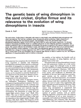 The Sand Cricket, Gryllus Firmus and Its Relevance to the Evolution of Wing Dimorphisms in Insects