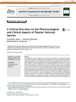 A Critical Overview on the Pharmacological and Clinical Aspects of Popular Satureja Species Fereshteh Jafari 1, Fatemeh Ghavidel 2, Mohammad M