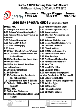 2020 1RPH PROGRAM GUIDE at 1 November 2020 SUNDAY AM