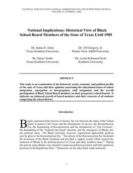 National Implications: Historical View of Black School Board Members of the State of Texas Until 1985