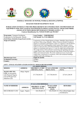 1 Federal Ministry of Power, Works & Housing (Fmpwh) Road Sector Development Team Publication of Result for the Procurement