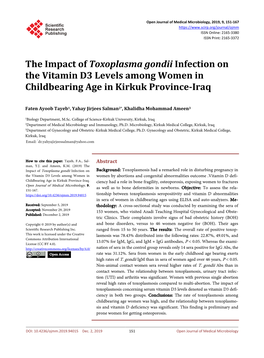 The Impact of Toxoplasma Gondii Infection on the Vitamin D3 Levels Among Women in Childbearing Age in Kirkuk Province-Iraq