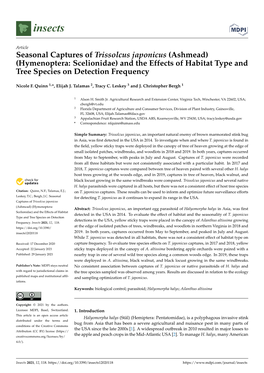 Seasonal Captures of Trissolcus Japonicus (Ashmead) (Hymenoptera: Scelionidae) and the Effects of Habitat Type and Tree Species on Detection Frequency