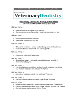 Veterinary Dentist at Work (VDAW) Index Chronological March 1996 Through Sept 2020