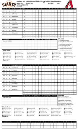 San Francisco Giants(62-95) Vs Arizona Diamondbacks(90- 67) Sep 26, 2017 Chase Field First Pitch: Temp: OFFICIAL SCORERS: UMPIRES