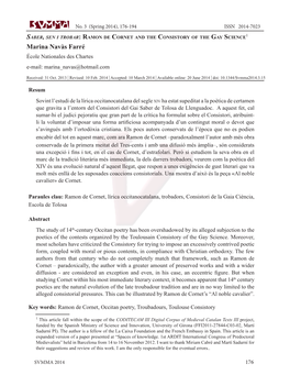 Saber, Sen I Trobar: Ramon De Cornet and the Consistory of the Gay Science1 Marina Navàs Farré École Nationales Des Chartes E-Mail: Marina Navas@Hotmail.Com