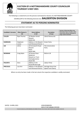 Election of a Nottinghamshire County Councillor Thursday 6 May 2021