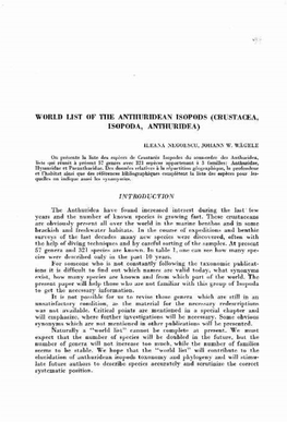 World List of the Anthurldean Isopods (Crustacea, Isopoda, Anthuridea)