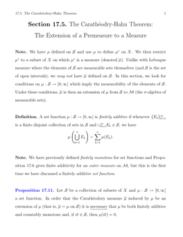 Section 17.5. the Carathéodry-Hahn Theorem: the Extension of A