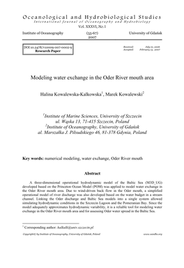 Modeling Water Exchange in the Oder River Mouth Area