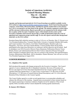 Society of American Archivists Council Meeting Minutes May 22 – 24, 2014 Chicago, Illinois