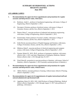 SUMMARY of PERSONNEL ACTIONS REGENTS AGENDA June 2012