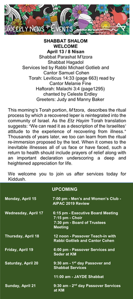 SHABBAT SHALOM WELCOME April 13 / 8 Nisan Shabbat Parashat M