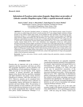 (Isopoda: Bopyridae) on Juveniles of Lithodes Santolla (Magellan Region, Chile): a Spatial Mesoscale Analysis