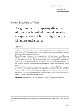 A Right to Die: a Comparing Discourse of Case Laws in United States of America, European Court of Human Rights, United Kingdom and Albania