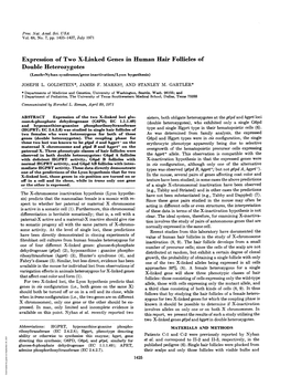 Expression of Two X-Linked Genes in Human Hair Follicles of Double Heterozygotes (Lesch-Nyhan Syndrome/Gene Inactivation/Lyon Hypothesis) JOSEPH L