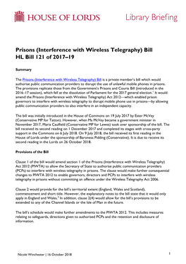 Prisons (Interference with Wireless Telegraphy) Bill HL Bill 121 of 2017–19