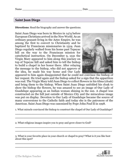 Saint Juan Diego Worksheet