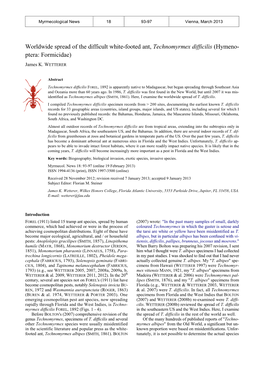 Worldwide Spread of the Difficult White-Footed Ant, Technomyrmex Difficilis (Hymeno- Ptera: Formicidae)