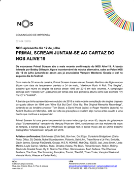 Primal Scream Juntam-Se Ao Cartaz Do Nos Alive'19