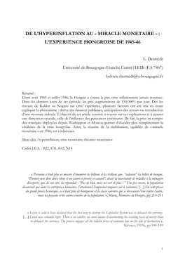 De L'hyperinflation Au « Miracle Monetaire » : L'experience Hongroise De 1945-46