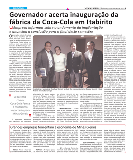 Governador Acerta Inauguração Da Fábrica Da Coca-Cola Em Itabirito