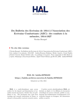 Du Bulletin Des Ecrivains De 1914 À L'association Des