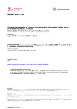 University of Groningen Structural Characterization of a Cationic Zirconocene Olefin Polymerization Catalyst with Its Methylated