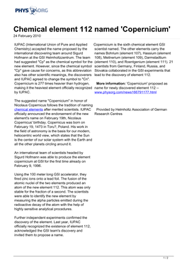 Chemical Element 112 Named 'Copernicium' 24 February 2010