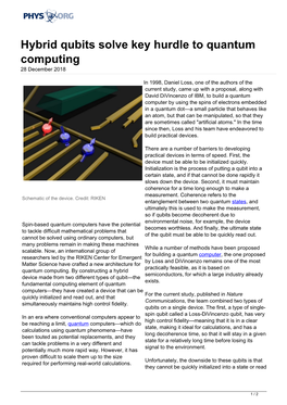 Hybrid Qubits Solve Key Hurdle to Quantum Computing 28 December 2018