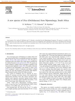 A New Species of Disa (Orchidaceae) from Mpumalanga, South Africa ⁎ D