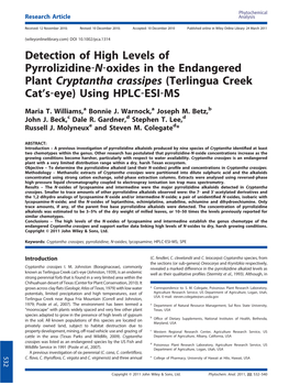 Detection of High Levels of Pyrrolizidinenoxides in the Endangered Plant Cryptantha Crassipes