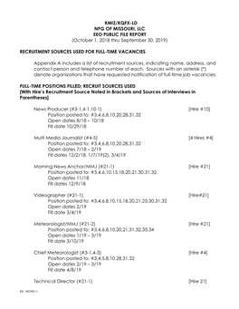 KMIZ/KQFX-LD NPG of MISSOURI, LLC EEO PUBLIC FILE REPORT (October 1, 2018 Thru September 30, 2019)