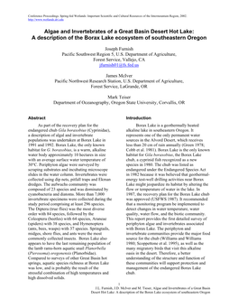 Algae and Invertebrates of a Great Basin Desert Hot Lake: a Description of the Borax Lake Ecosystem of Southeastern Oregon