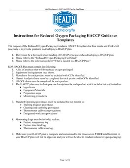 Instructions for Reduced Oxygen Packaging HACCP Guidance Templates