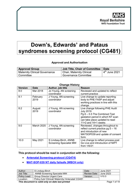 Downs, Edwards & Pataus Screening Protocol (CG481)